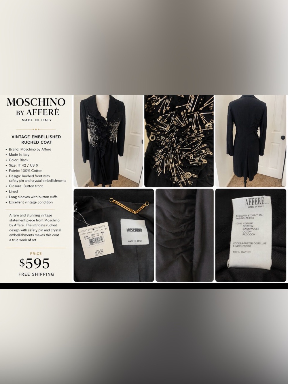 Moschino Punk Safety Pin embellished black coat